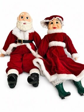 Vintage Santa & Mrs. Claus Christmas Dolls 15–17” Red Velvet Holiday Decor